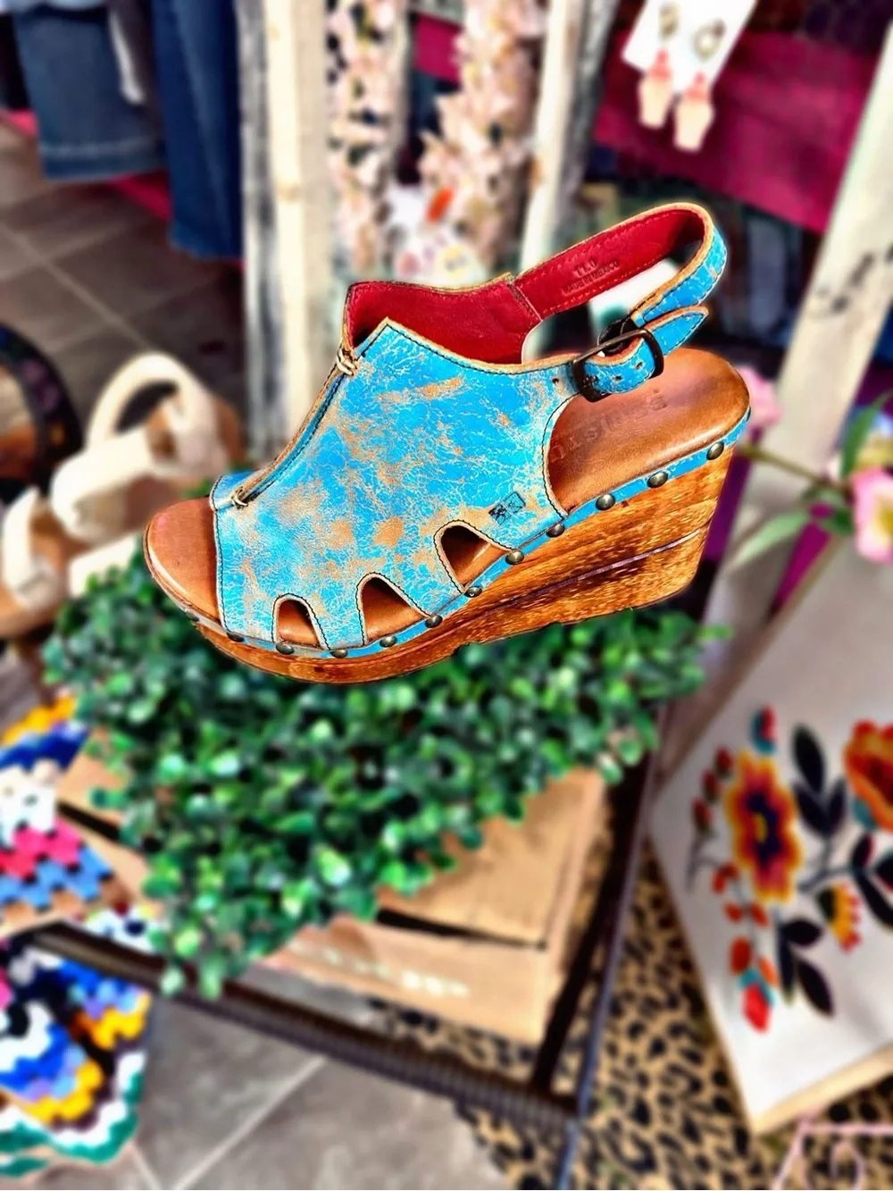 Bed Stu Turquoise Distressed Leather Wedge Sandal